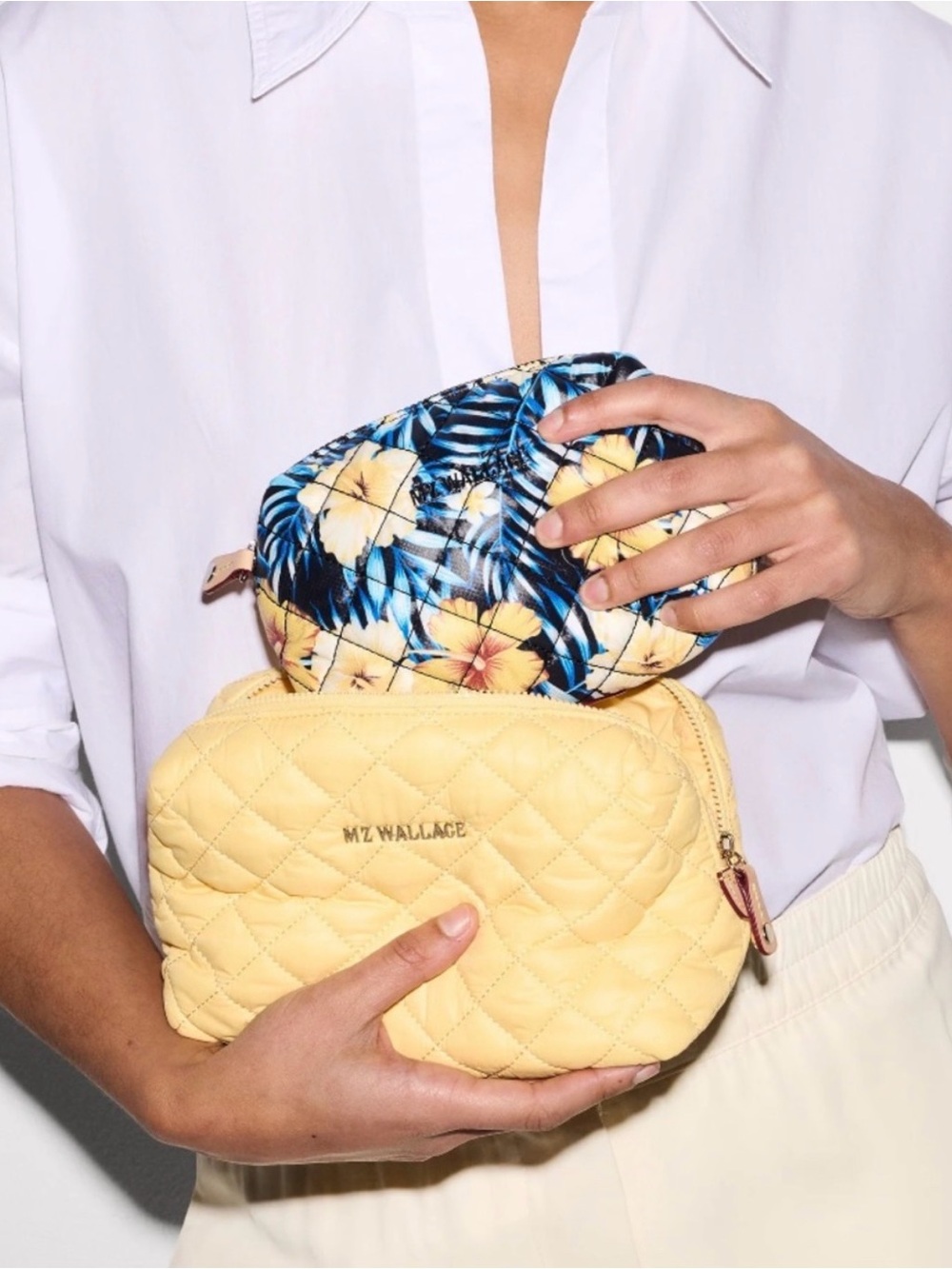 NWT MZ Wallace Soft Quilted Buttercup and Maui Mica Cosmetic Pouch Set